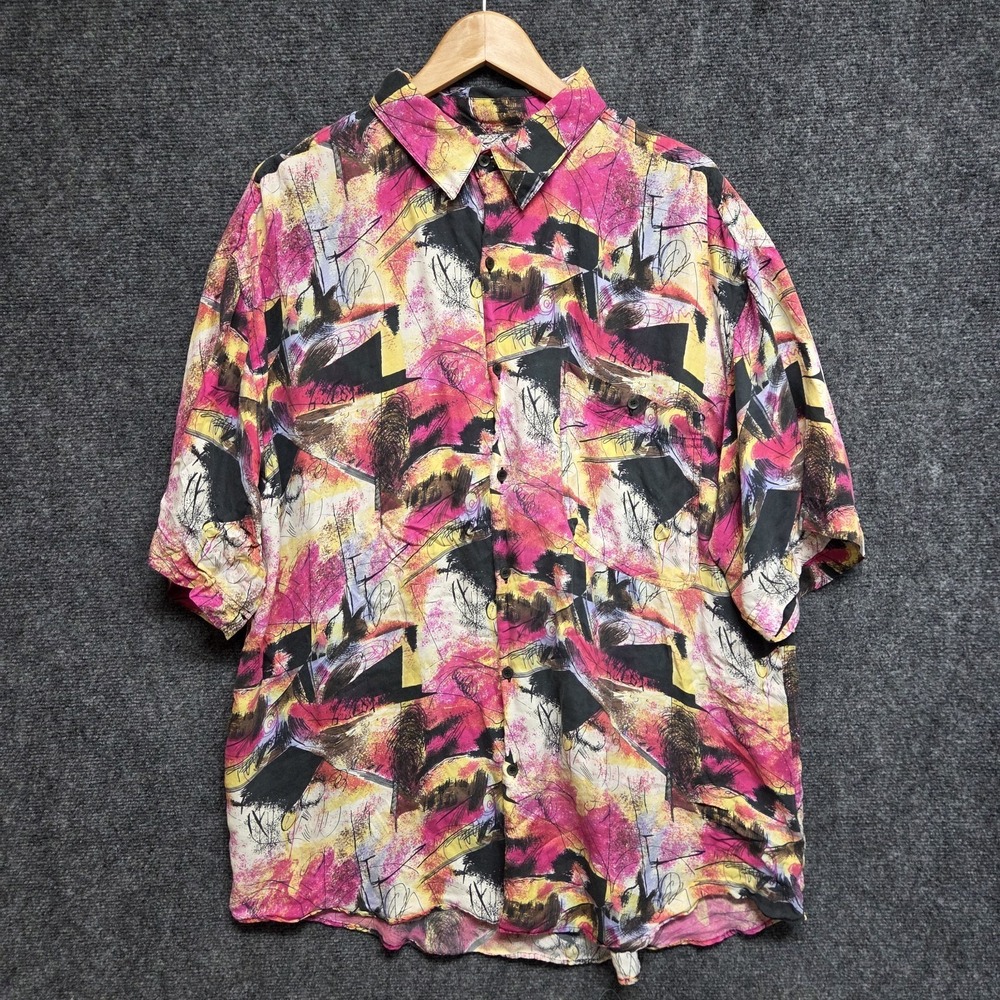 Goouch Shirt Men XL Multicolor Silk Abstract Graphic Button Up Short Sleeve FLAW